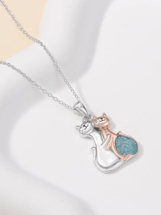 Couple Hug Necklace 925 Sterling Silver Cat/Fox Couples Hugging Turquoise Necklace Couples Jewelry as Valentine's Day Gift for Women