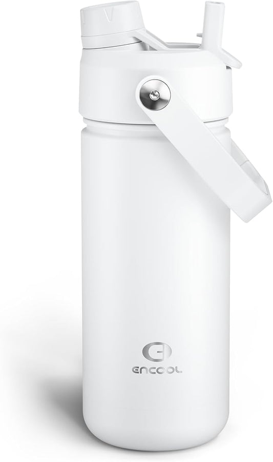 Insulated Water Bottle with Straw Stainless Steel Water Bottle, Leak-Proof, BPA-Free, Double Wall Vacuum Keeps Cold for 24 Hours for Sports, Travel, School (18 oz, Polar White)