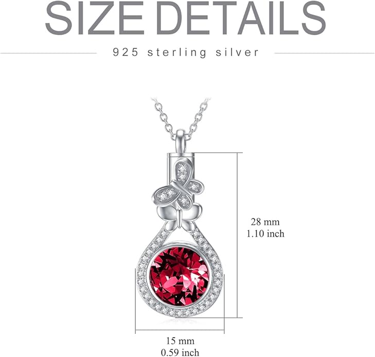 AOBOCO Butterfly Urn Necklace for Ashes 925 Sterling Silver Butterfly Cremation Jewelry Memorial Keepsake Pendant with 12 Months Birthstone Crystal from Austria