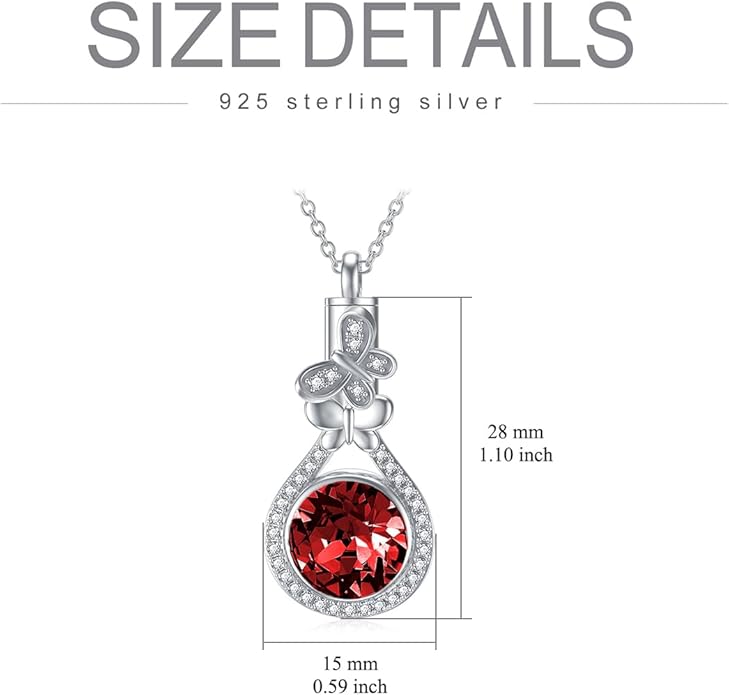 AOBOCO Butterfly Urn Necklace for Ashes 925 Sterling Silver Butterfly Cremation Jewelry Memorial Keepsake Pendant with 12 Months Birthstone Crystal from Austria
