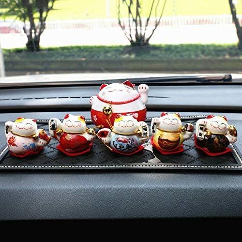 EatingBiting Set of 5 Japanese Ceramics Maneki Neko Lucky Cat Figurines Waving Upright Fortune Cat Figurines Cute Smiley Waving Upright Lucky Fortune