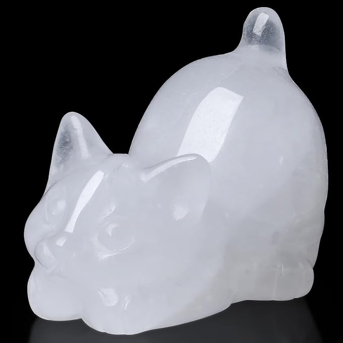 Clear Quartz Cat Crystal Statue Carved Room Decor Figurines for Desk Sculpture Lazy Handcrafted Healing Stone Office Natural Gemstones Spiritual Gifts for Cat Lovers