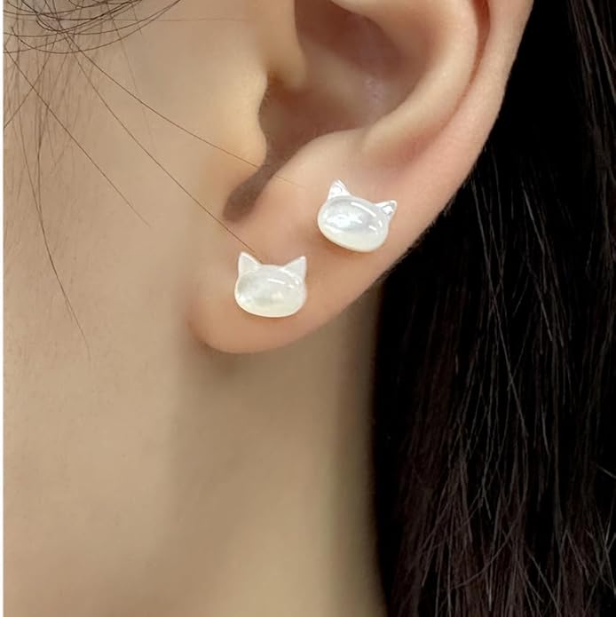 Dainty Shell Pearl Cat Stud Earrings for Women Girls 925 Sterling Silver Hypoallergenic Nickel Free Tiny Small Kitten Animal Studs Cartilage Tragus Post Cute Birthday Halloween Christmas Jewelry Gifts
