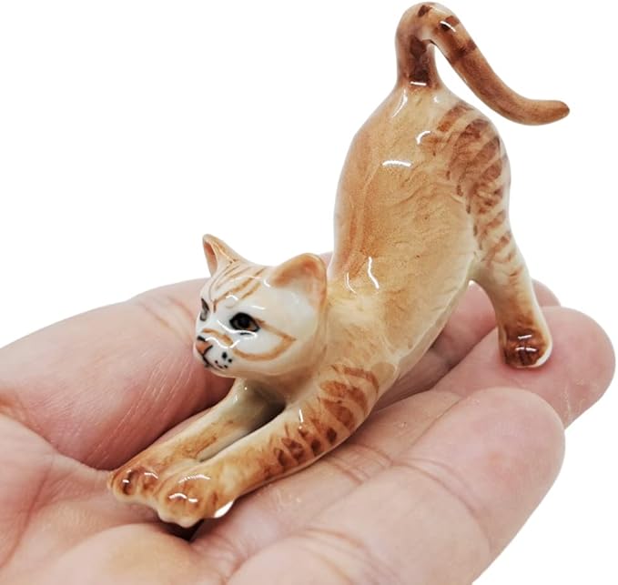 WitnyStore Tiny 2¼" Long Brown Tabby Shorthair Cat Stretching Figurine - Miniature Hand Made Painted Ceramic Cats Kitten Feline Animal Cute Porcelain Decorative Collectible Figurines Décor Gifts
