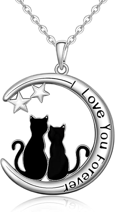 Fenthring Black Cat Necklace Sterling Silver Crescent Moon Pendant Cute Cat Couples Friendship Animal I Love You Forever Necklaces for Women Cats Halloween Christmas Holiday Jewelry