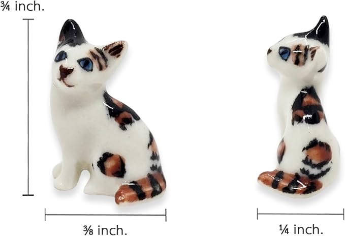 WitnyStore Tiny ¾ Inch Calico Tricolor Shorthair Cat Sitting Figurine - Miniature Hand Made Painted Ceramic Cats Kitten Feline Animal Cute Porcelain Decorative Collectible Figurines Décor Gifts