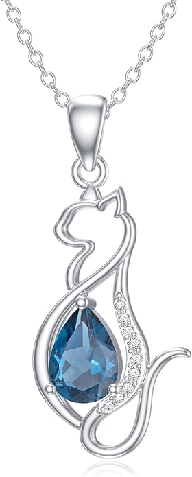 Sterling Silver Blue Topaz/Diamond Cat Pendant Necklace - Jewelry Gifts for Cat Lovers (18"+2")