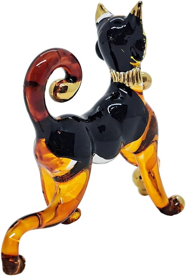 Tiny 2⅞" Black Brown Standing Play Ball Cat Figurine Miniature Hand Blown Painted Glass Cats Kitten Feline Animals Cute Crystal Decorative Collectible Figurines Décor Gifts