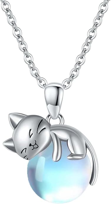 Cat Necklace Sterling Silver Cat Pendnat with Rose Quartz Pearl Jewelry Gifts for Women Cat Lovers