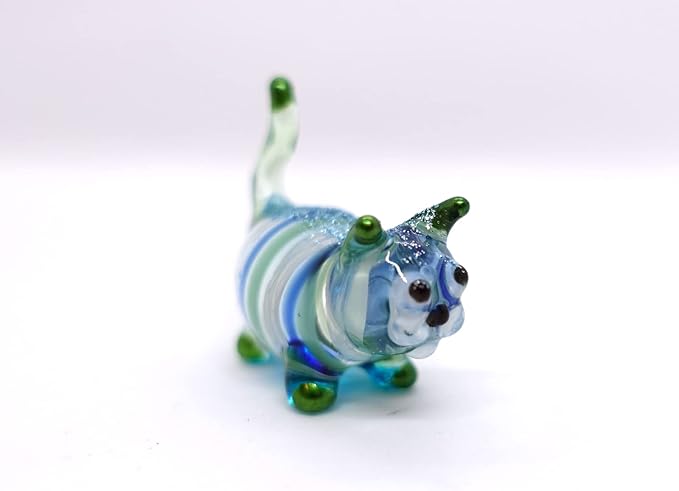 Cat Tiny Figurines Blown Glass Art Animals Hand Painted Collectible Gift Decorate (Blue Green Stand)