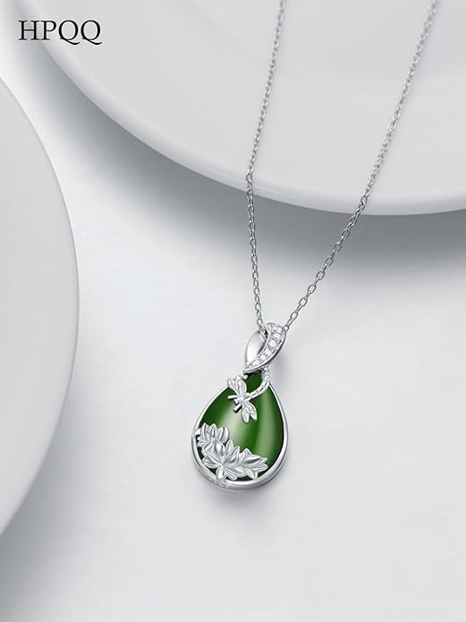 Green Jade Necklace Sterling Silver Teardrop Hummingbird/Dragonfly/Butterfly/Bee/Cat/Cardinal/Owl/Fox/Sloth Natural Jade Jewelry Birthday Mothers Day Christmas Gifts Women Mom Her