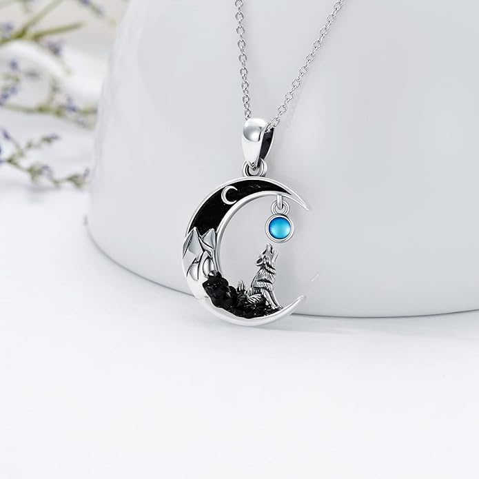 Gothic Jewelry Bat/Cat/Wolf/Dragon/Owl/Fox/Spider/Sun Pendant Sterling Silver Crescent Moon Necklace for Women Girls Black Jewelry Gifts