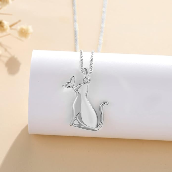 LONAGO Cat Necklace with Butterfly 925 Sterling Silver Cat Pendant Necklace Gift for Women