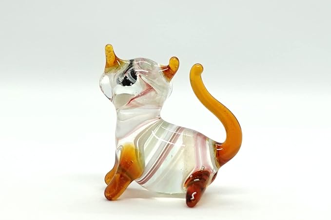 Cat Tiny Figurines Blown Glass Art Animals Hand Painted Collectible Gift Decorate (Multi-Amber)