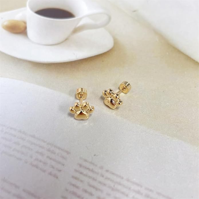 Cute 20g Paw Dog Cat Print Screw Flat Back Small Stud Earrings for Women Teen Girls Simple Stainless Steel Silver Gold Plated Animal Cartilage Tragus Piercing Little Studs Hypoallergenic Fashion Jewelry Birthday Gift