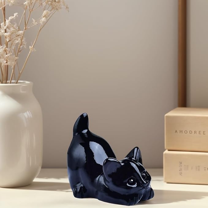 Obsidian Cat Crystal Statue Healing Crystal Reiki Meditation Pocket Gem Guardian Sculpture Home Study Table Desk Decor Collection Gift for Loved Ones