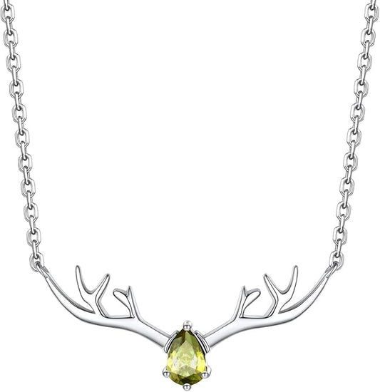 Silvora 925 Sterling Silver Deer Antler Necklace, Antler Deer Jewelry Antler Pendant Choker Birthstone Necklace Christmas Jewelry for Women