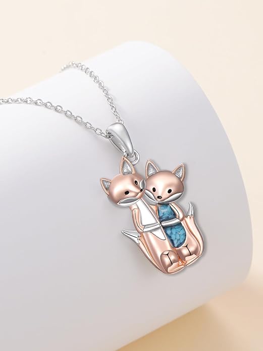 Couple Hug Necklace 925 Sterling Silver Cat/Fox Couples Hugging Turquoise Necklace Couples Jewelry as Valentine's Day Gift for Women