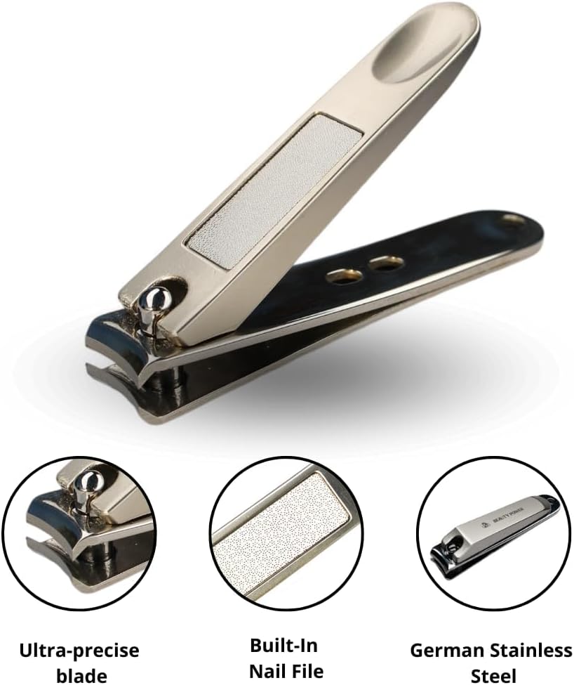 Nail Clippers Set 3 in 1 - Stainless Steel Toe Nail Clippers, Fingernail Clipper, Glass Nail File, Anti Splash, Ergonomic Grip in PU Leather Travel Case for Men & Women (Black Case)