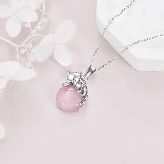 Cat Necklace Sterling Silver Cat Pendnat with Rose Quartz Pearl Jewelry Gifts for Women Cat Lovers