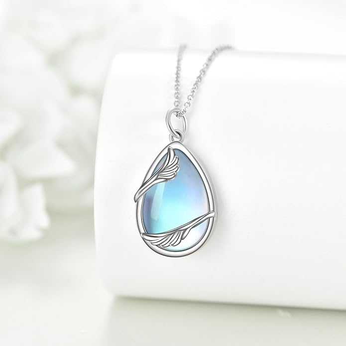 KQF Cat/Dragonfly/Owl/Angel Wings Necklace for Women Sterling Silver Moonstone Pendant Necklaces Animal Jewelry Mother'S Day Gifts for Cat Lover Teen