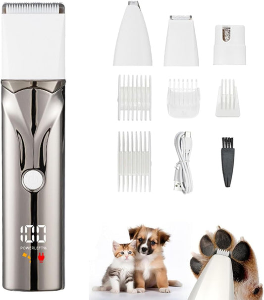 Dog Grooming Kit with LCD Display, 4 in 1 Dog Hair Trimmer for Paw Nail Grinder, Rechargeable Cordless Pet Cat Clippers, Professional Pet Paw Trimmer Nail Grinder Low Noise. Gray