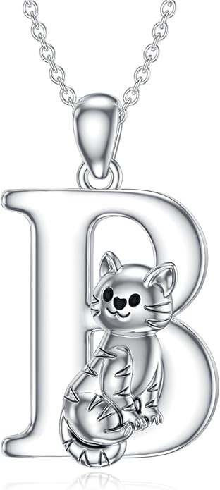 LONAGO Cat Initial Pendant Necklace Silver A to Z Letters Alphabet Necklace Gift for Women