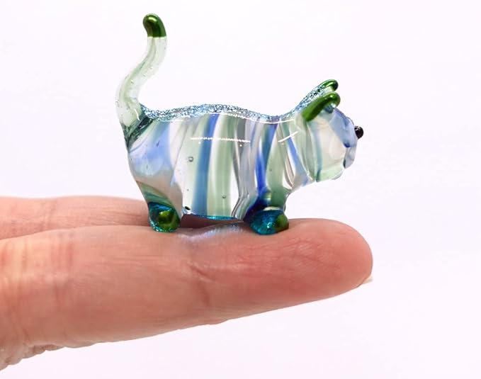 Cat Tiny Figurines Blown Glass Art Animals Hand Painted Collectible Gift Decorate (Blue Green Stand)