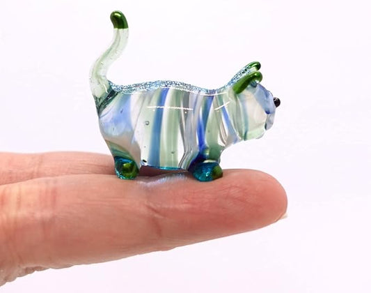 Cat Tiny Figurines Blown Glass Art Animals Hand Painted Collectible Gift Decorate (Blue Green Stand)