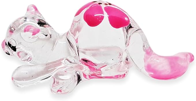 Tiny 1¾" Clear Pink Flowered Lying Prone Cat Figurine Miniature Hand Blown Glass Cats Kitten Feline Animals Cute Colorful Crystal Decorative Collectible Figurines Décor Gifts