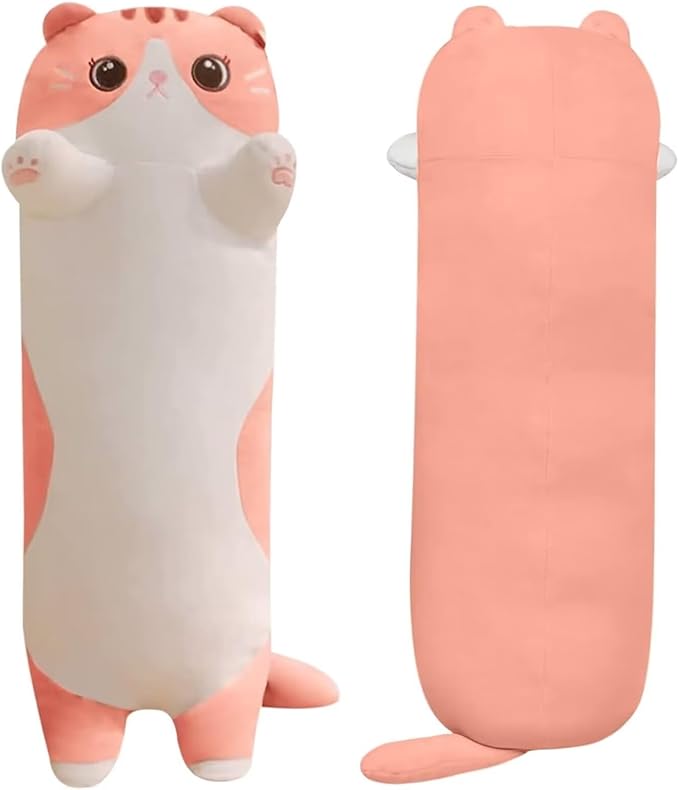 Cat Stuffed Animal Kids Body Pillow for Girls, Soft Cute Plushies Long Cat Hugging Body Pillows with Removable Zipper Cover, Pink Cat Plush Pillow for Cuddling, Sofa or Bed Décor