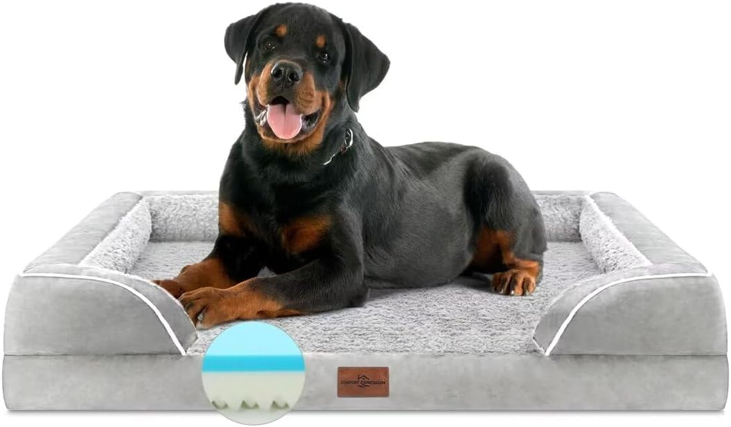 Comfort Expression Cooling Dog Bed, Orthopedic Memory Foam Dog Bed, Jumbo Beds for Extra Large Dogs, Large Breed Dogs Beds Waterproof with Bolster & Removable Cover(Jumbo,Light Grey)