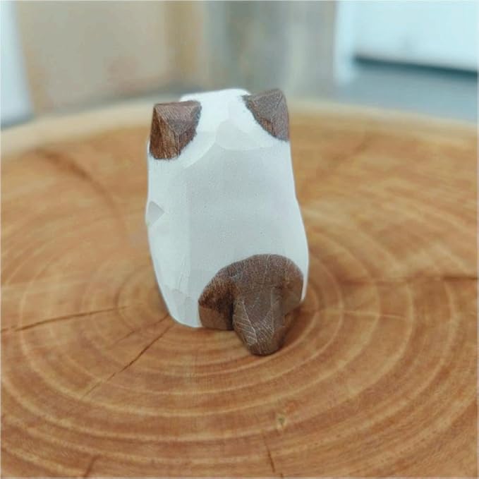 Cute Small Wood Siamese Cat Figurines, Handmade Carved Siamese Cat Statue Home Decor