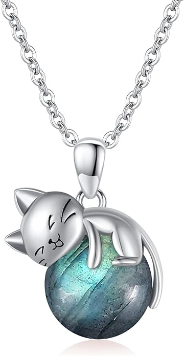 Natural Gemstone Cat Necklace for Women 925 Sterling Silver Cute Kitten Pendant with Genuine Turquoise/Rose Quartz/Amethyst/Larimar/Labradorite/Moss Agate/Blue Sandstone Jewelry Gifts