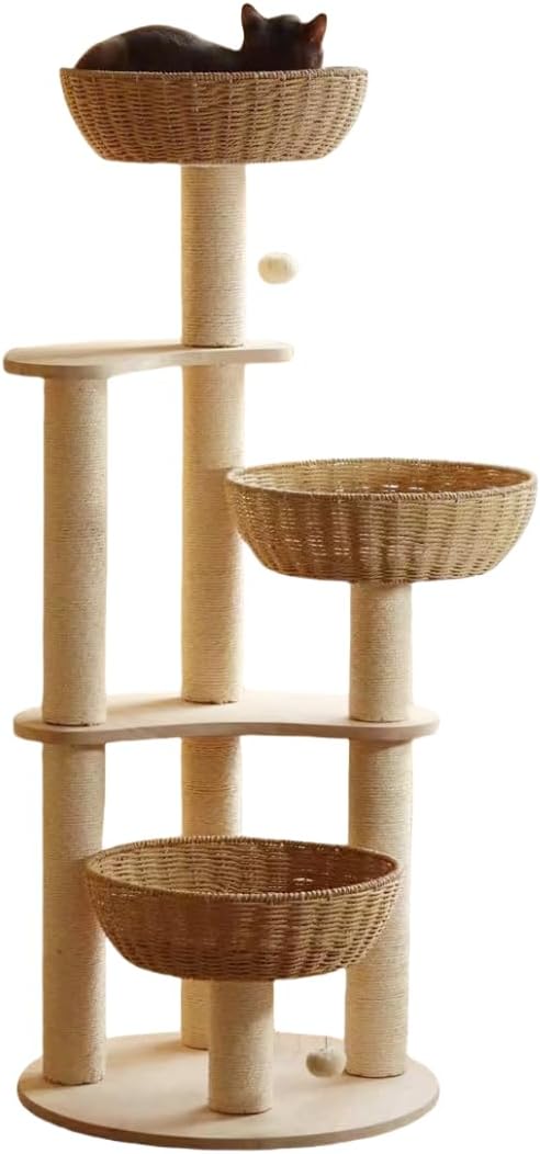 Modern Wood Rattan Cat Tree for Large Cats, Luxury Multi-Level Oak Solid Wood Cat Trees Towers，w/3 Weaving Cat Nests & Washable Cushions, Sisal Scratching Posts, for Indoor Large Cats-No paint/wax oil
