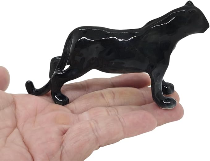 WitnyStore Tiny 4" Black Standing Panther Figurine - Miniature Hand Made Ceramic Panthera Wild Cats Lion Tiger Jaguar Leopard Panthers Animal Small Porcelain Decorative Collectible Figures Décor Gifts