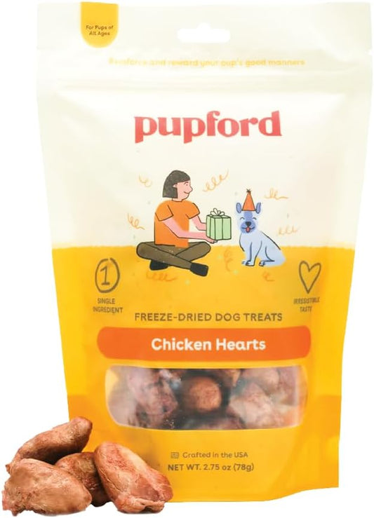 Pupford Freeze Dried Chicken Hearts Treat for Dogs & Puppies - Healthy, Natural, Single Ingredient Dog Treats - Made in USA (4.25 oz)