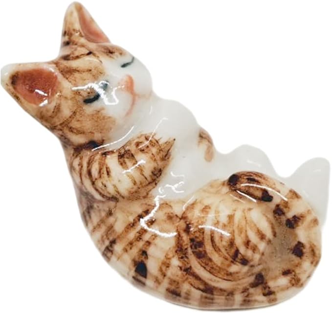 WitnyStore Tiny 1" Long White Brown Tabby Cat Sleeping with Baby Bottle - Miniature Hand Made Painted Ceramic Cats Kitten Feline Animal Cute Porcelain Decorative Collectible Figurines Décor Gifts