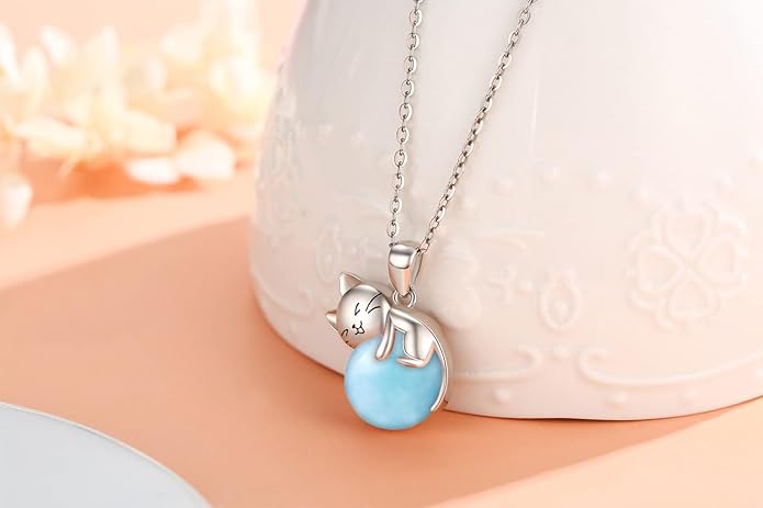 Natural Gemstone Cat Necklace for Women 925 Sterling Silver Cute Kitten Pendant with Genuine Turquoise/Rose Quartz/Amethyst/Larimar/Labradorite/Moss Agate/Blue Sandstone Jewelry Gifts