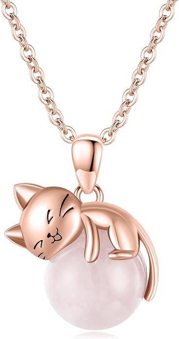 Cat Necklace Sterling Silver Cat Pendnat with Rose Quartz Pearl Jewelry Gifts for Women Cat Lovers