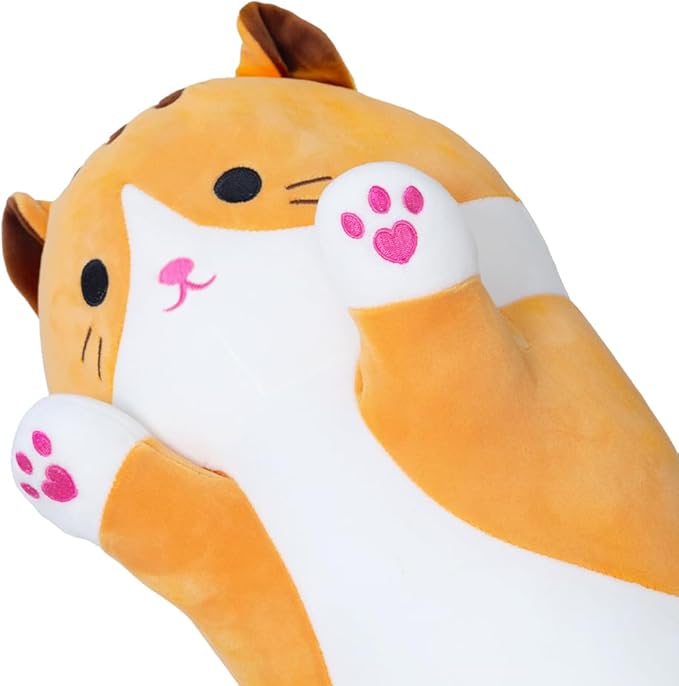 Cute Cat Plush Pillow, Yellow Long Cat Stuffed Animals Soft Long Kitten Plushies Kawaii Cat Stuffed Plush Toy for Kids Girlfriend(50cm/19.6inch)