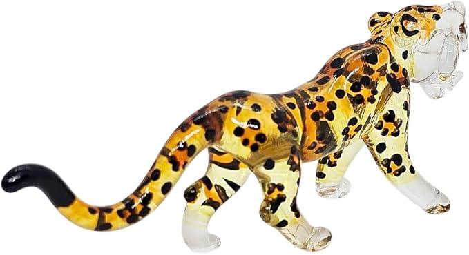ChangThai Design Tiny 3½" Yellow Black Spotted Roaring Leopard Cheetah Jaguar Figurine - Miniature Hand Blown Glass Wild Cats Wildlife Felidae Animal Crystal Decorative Collectible Figures Décor Gifts