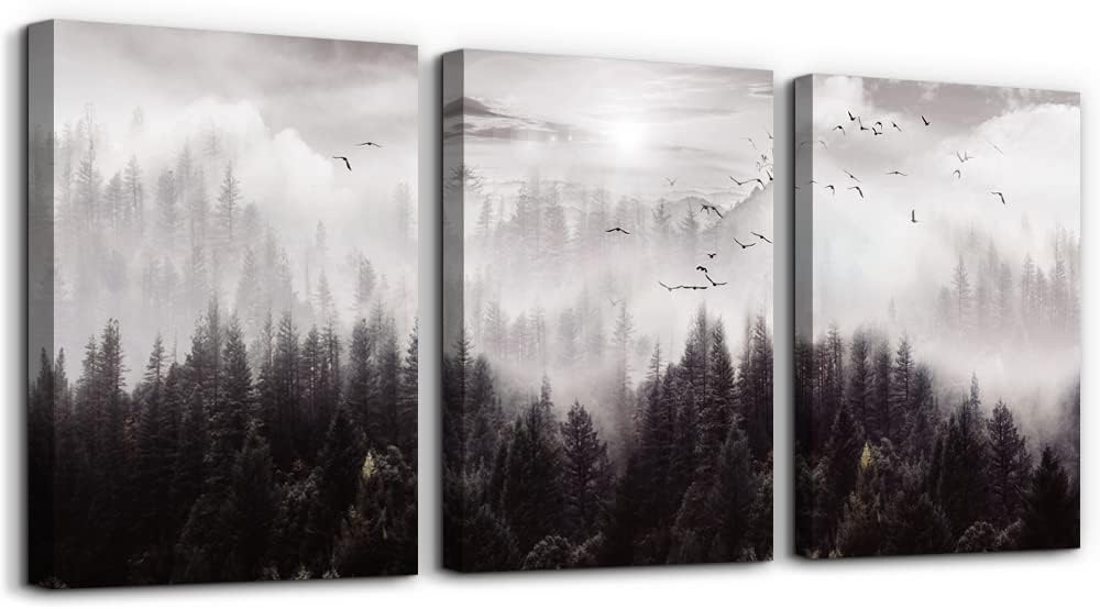 Framed Canvas Art - Boho Wall Decor Set of 3: Foggy Forest Trees Scenery for Living Room, Bedroom, Office, Farmhouse, Home Decoration