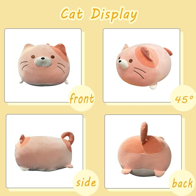 AIXINI 13.7 inch Cute Cat Plush Pillow Stuffed Squishy Animal Cylindrical Body Pillow, Super Soft Fat Cat Chubby Kitten Kawaii Pillow-Pink