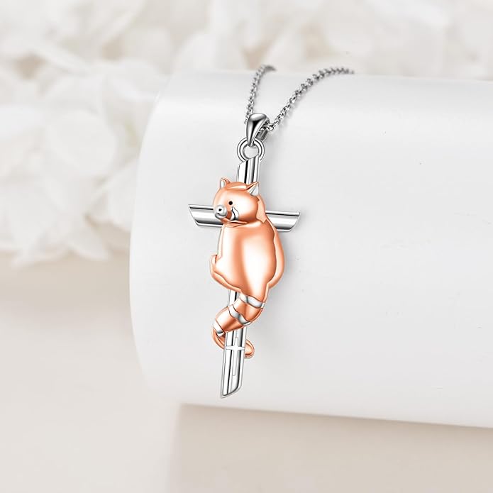 CRMAD Black Cat/Red Panda Cross Necklace for Women Sterling Silver Cross Necklace Animal Jewelry Gift for Women