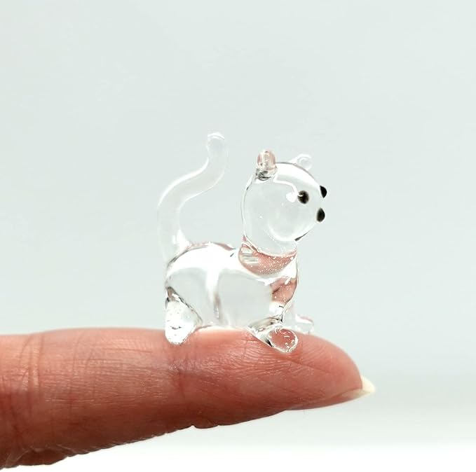 Cat Tiny Micro Figurines Blown Glass Art Animals Hand Painted Collectible Gift Decorate (Clear Sit)
