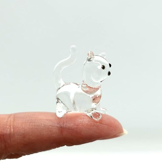 Cat Tiny Micro Figurines Blown Glass Art Animals Hand Painted Collectible Gift Decorate (Clear Sit)