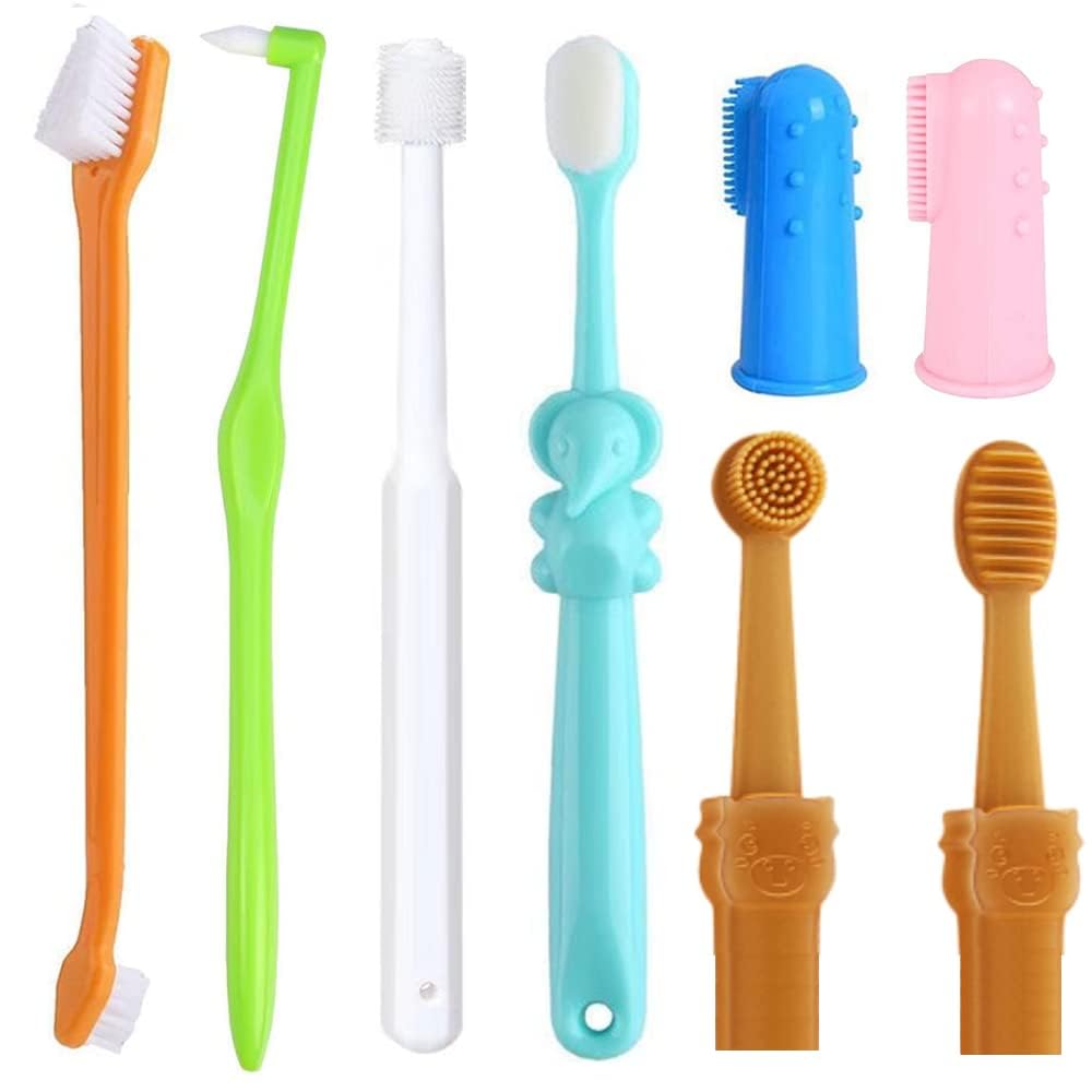 8 Pack Small Dog & Cat Toothbrush Kit, 360º Pet Toothbrush/Mini Head/Dual Head / 10000 Ultra-Soft Bristles Tooth Brush/Finger Toothbrushs for Cat Kitten Doggie Dental Care, Oral Hygiene