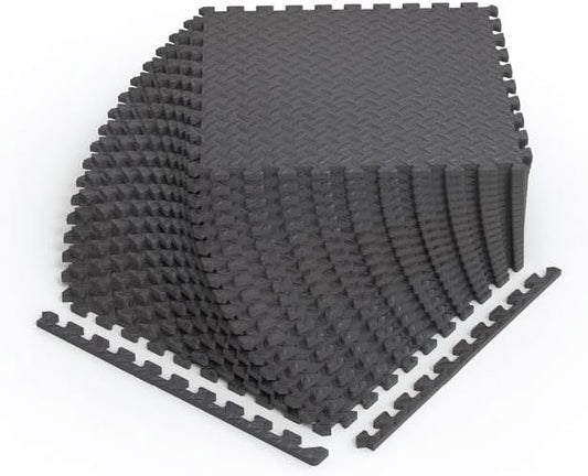 Norsk Foam Floor Gym Mats with Interlocking Tiles, .47" Thick, 24"x24", 48-Pack, 192 Square Feet, Diamond Plate Design, Grey