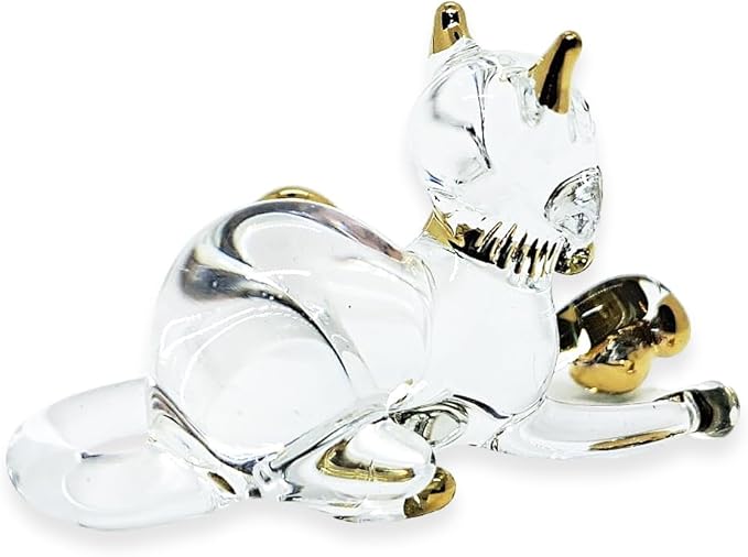 Tiny 2" Clear Gold Crouching Play Ball Cat Figurine Miniature Hand Blown Painted Glass Cats Kitten Feline Animals Cute Crystal Decorative Collectible Figurines Décor Gifts